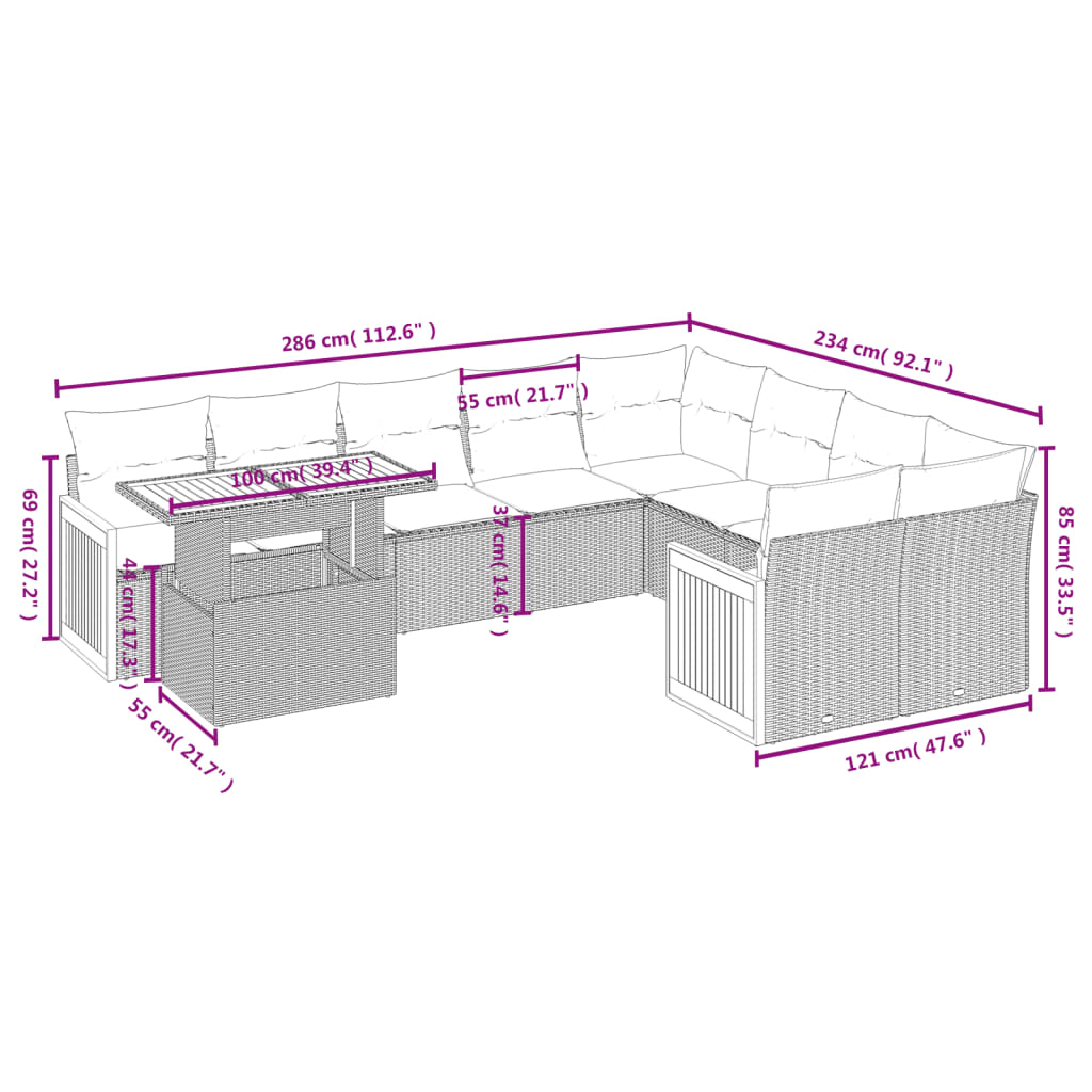 10-tlg. Garten-Sofagarnitur mit Kissen Schwarz Poly Rattan