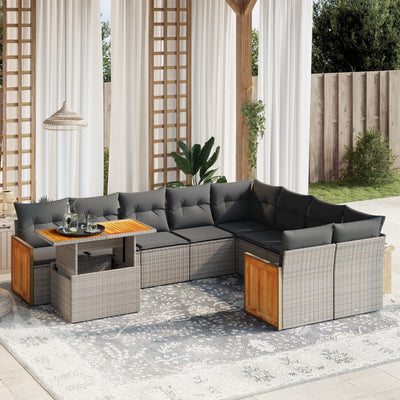 10-tlg. Garten-Sofagarnitur mit Kissen Grau Poly Rattan