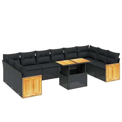 11-tlg. Garten-Sofagarnitur mit Kissen Schwarz Poly Rattan