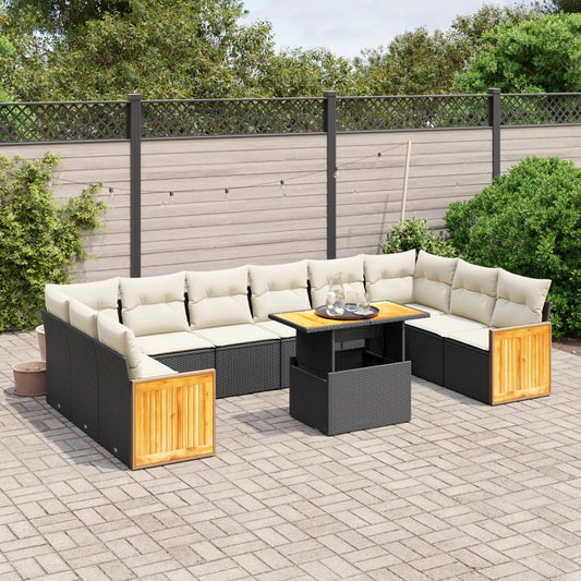 11-tlg. Garten-Sofagarnitur mit Kissen Schwarz Poly Rattan