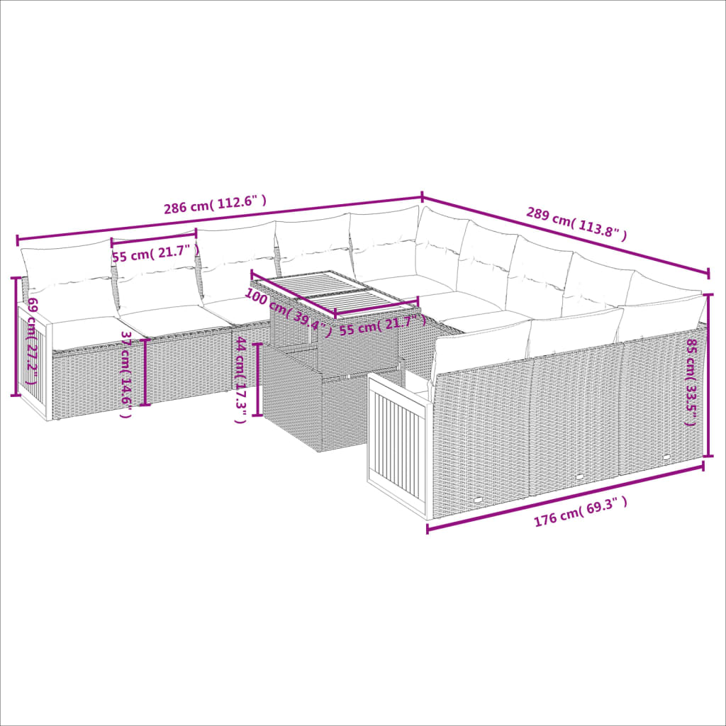 11-tlg. Garten-Sofagarnitur mit Kissen Schwarz Poly Rattan