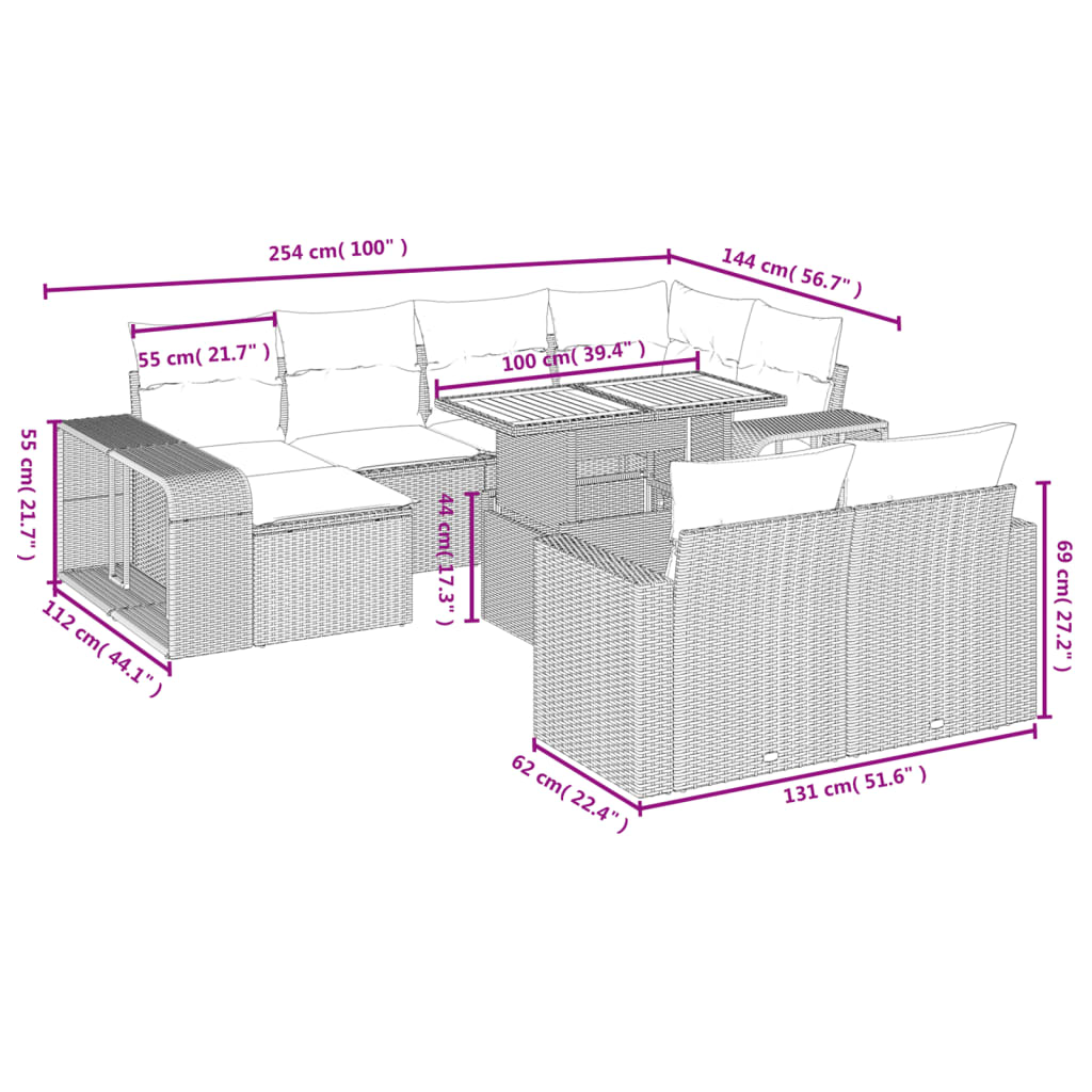 11-tlg. Garten-Sofagarnitur mit Kissen Schwarz Poly Rattan