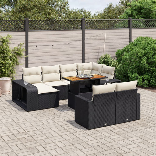 11-tlg. Garten-Sofagarnitur mit Kissen Schwarz Poly Rattan