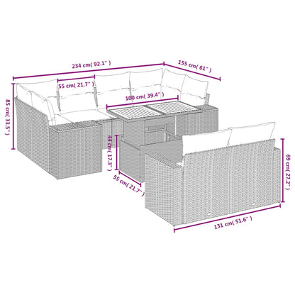 11-tlg. Garten-Sofagarnitur mit Kissen Grau Poly Rattan