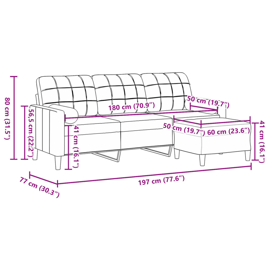 3-Sitzer-Sofa mit Hocker Hellgrau 180 cm Samt