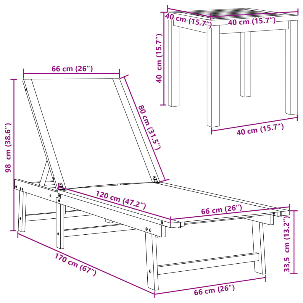 Sonnenliegen 2 Stk. mit Tisch Creme Massivholz Akazie Textilene