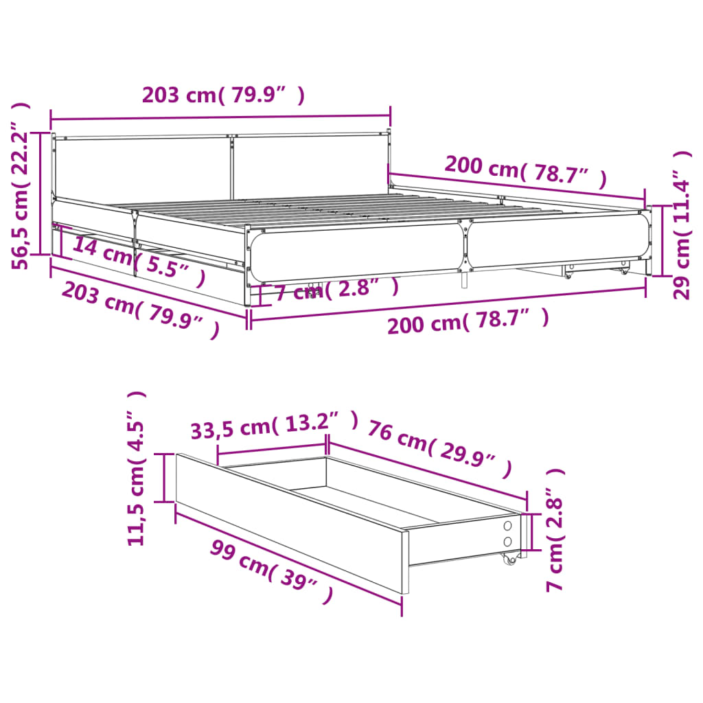 Bettgestell mit Schubladen Räuchereiche 200x200cm Holzwerkstoff