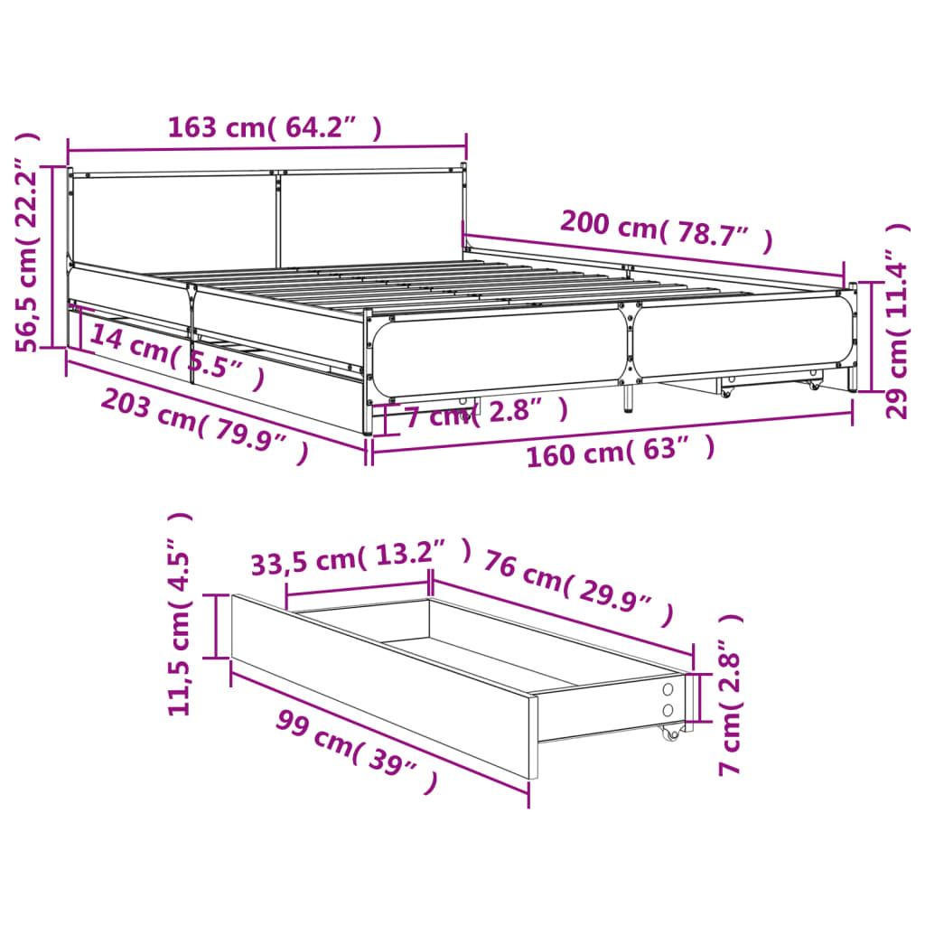 Bettgestell mit Schubladen Schwarz 160x200 cm Holzwerkstoff