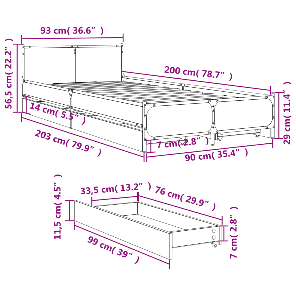 Bettgestell mit Schubladen Braun Eichen-Optik 90x200 cm