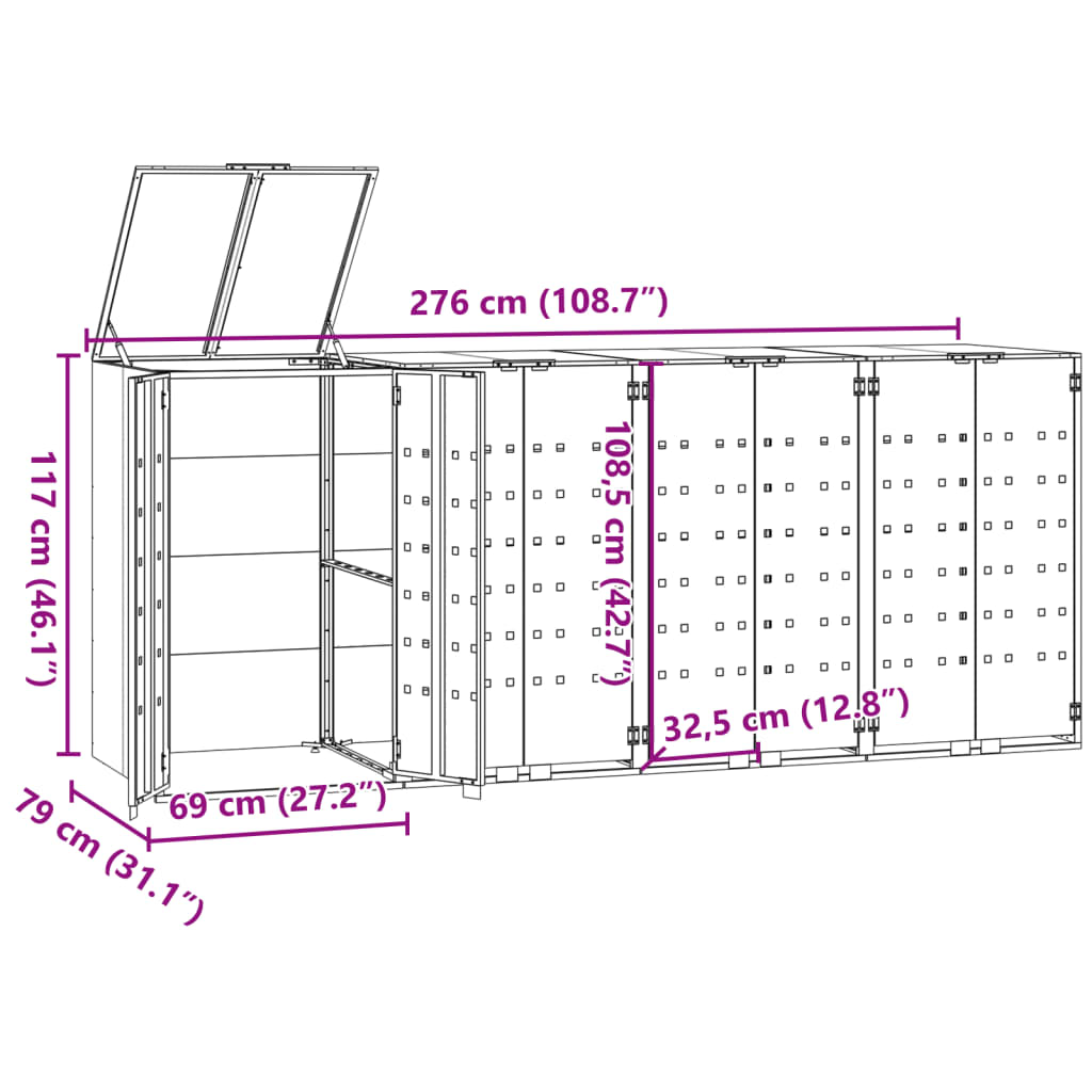 Mülltonnenbox für 4 Tonnen Schwarz 276x79x117 cm Stahl