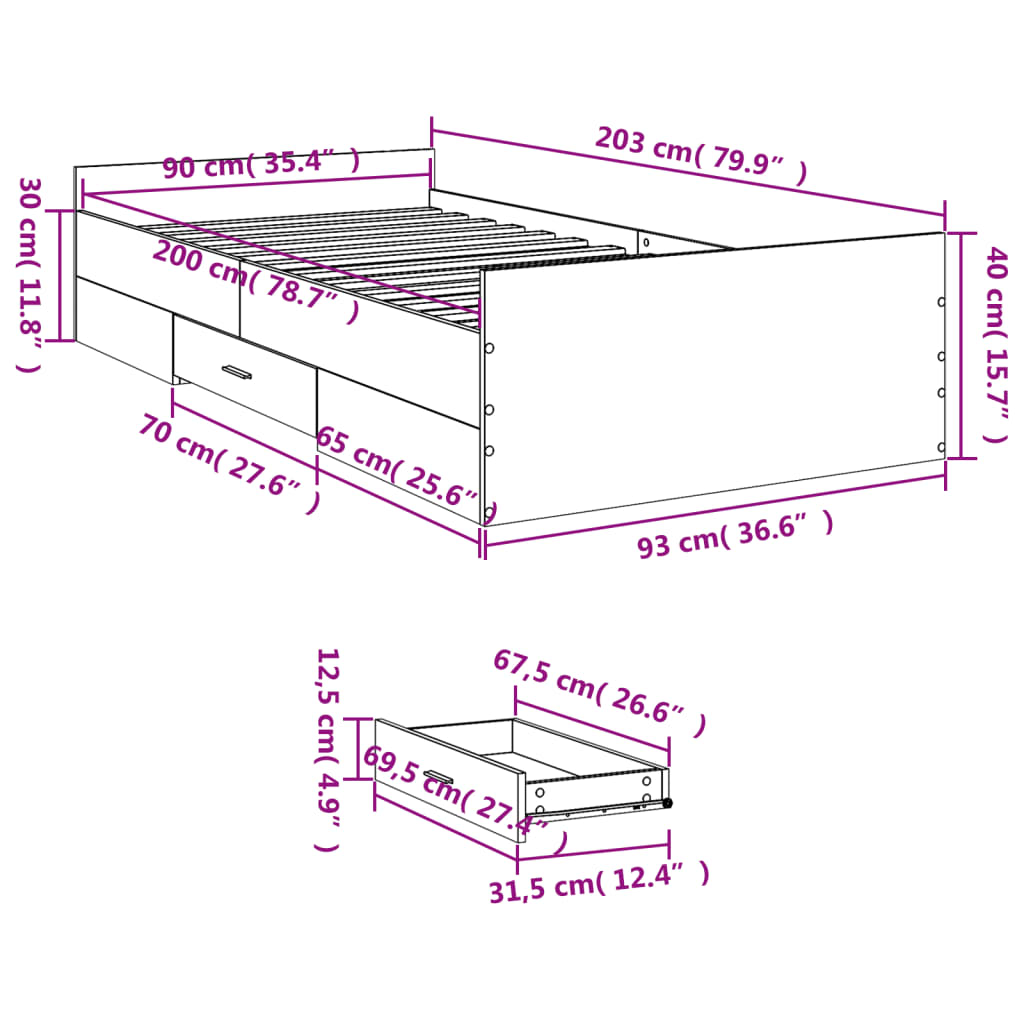 Bettgestell mit Schubladen Sonoma-Eiche 90x200cm Holzwerkstoff