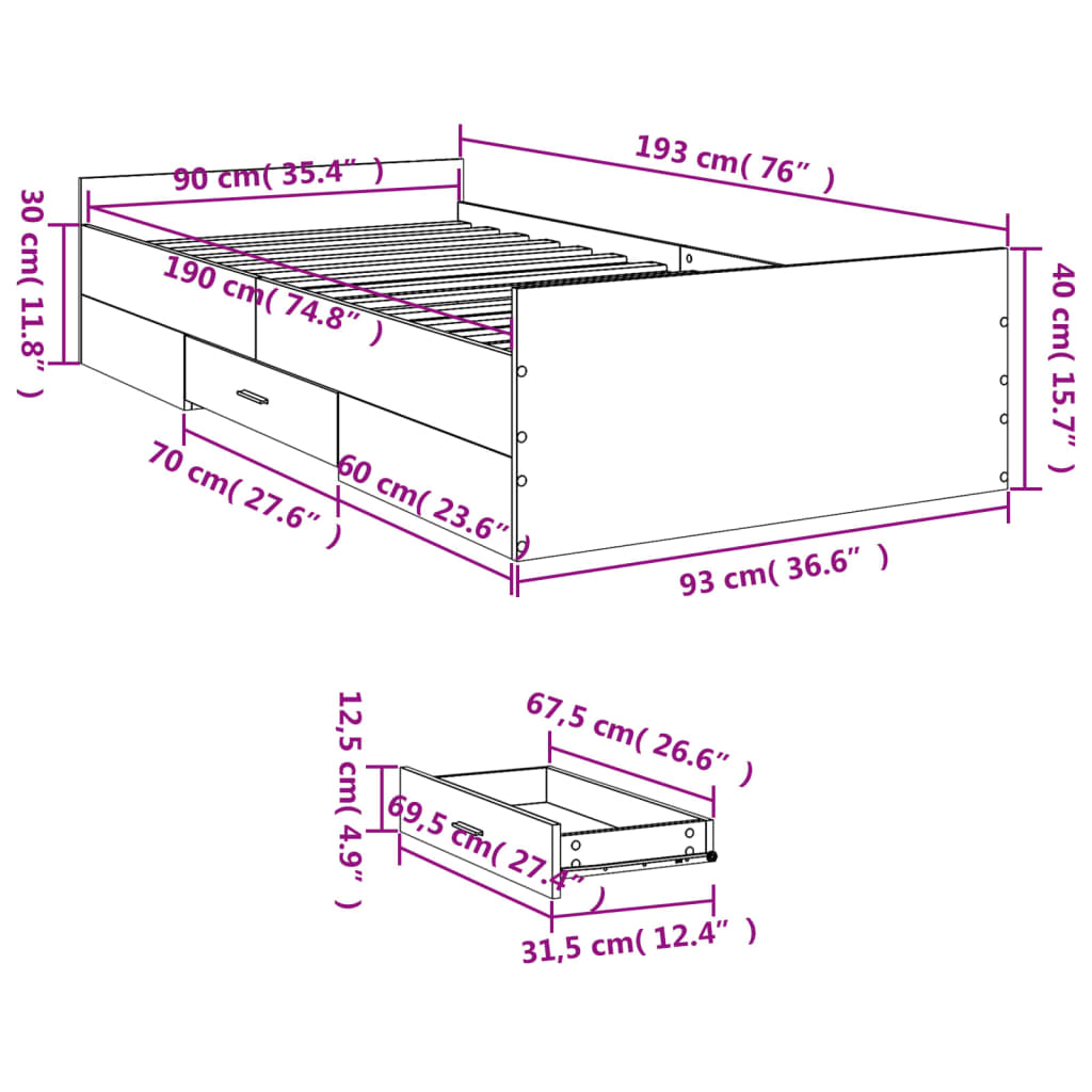 Bettgestell mit Schubladen Weiß 90x190 cm Holzwerkstoff