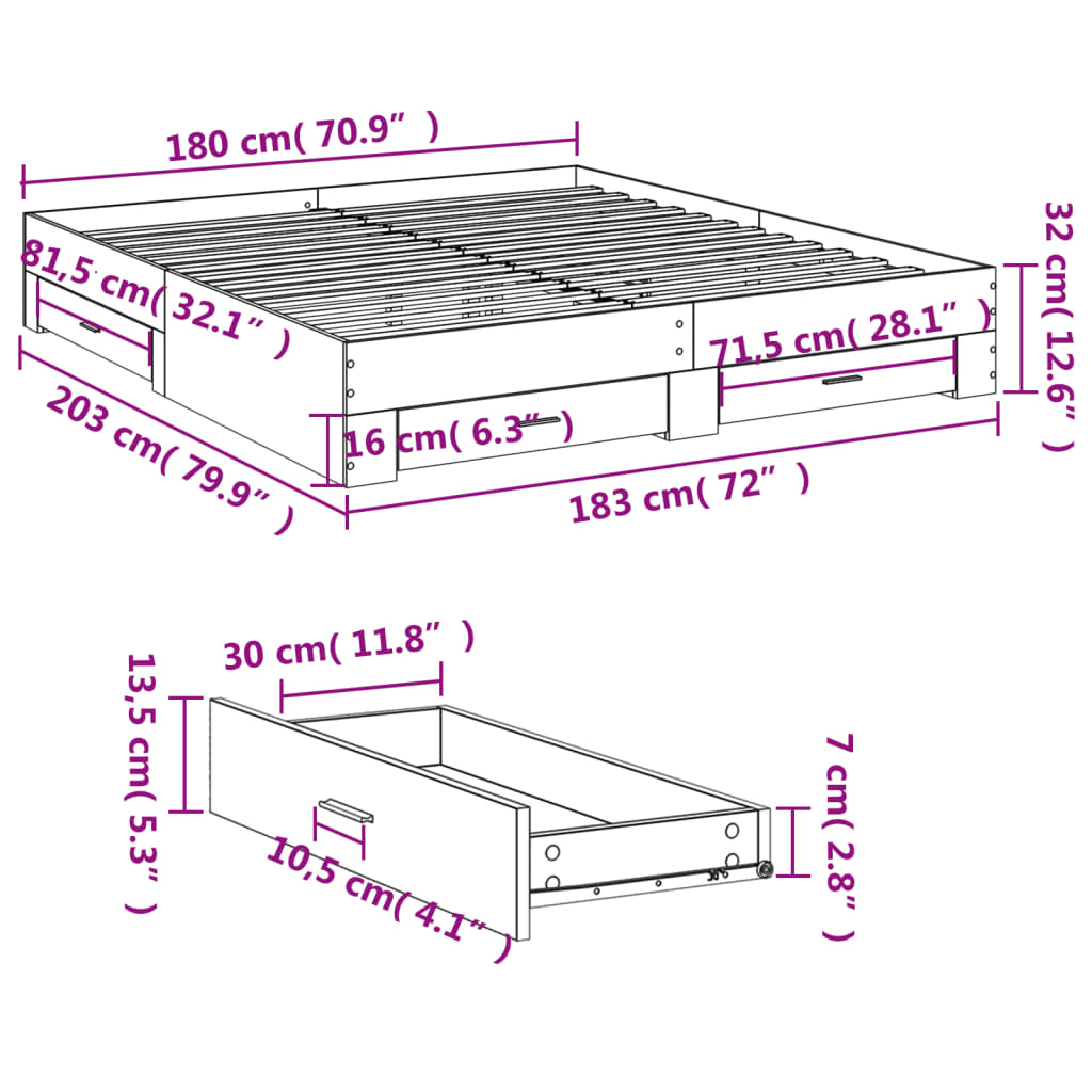 Bettgestell mit Schubladen Grau Sonoma 180x200cm Holzwerkstoff