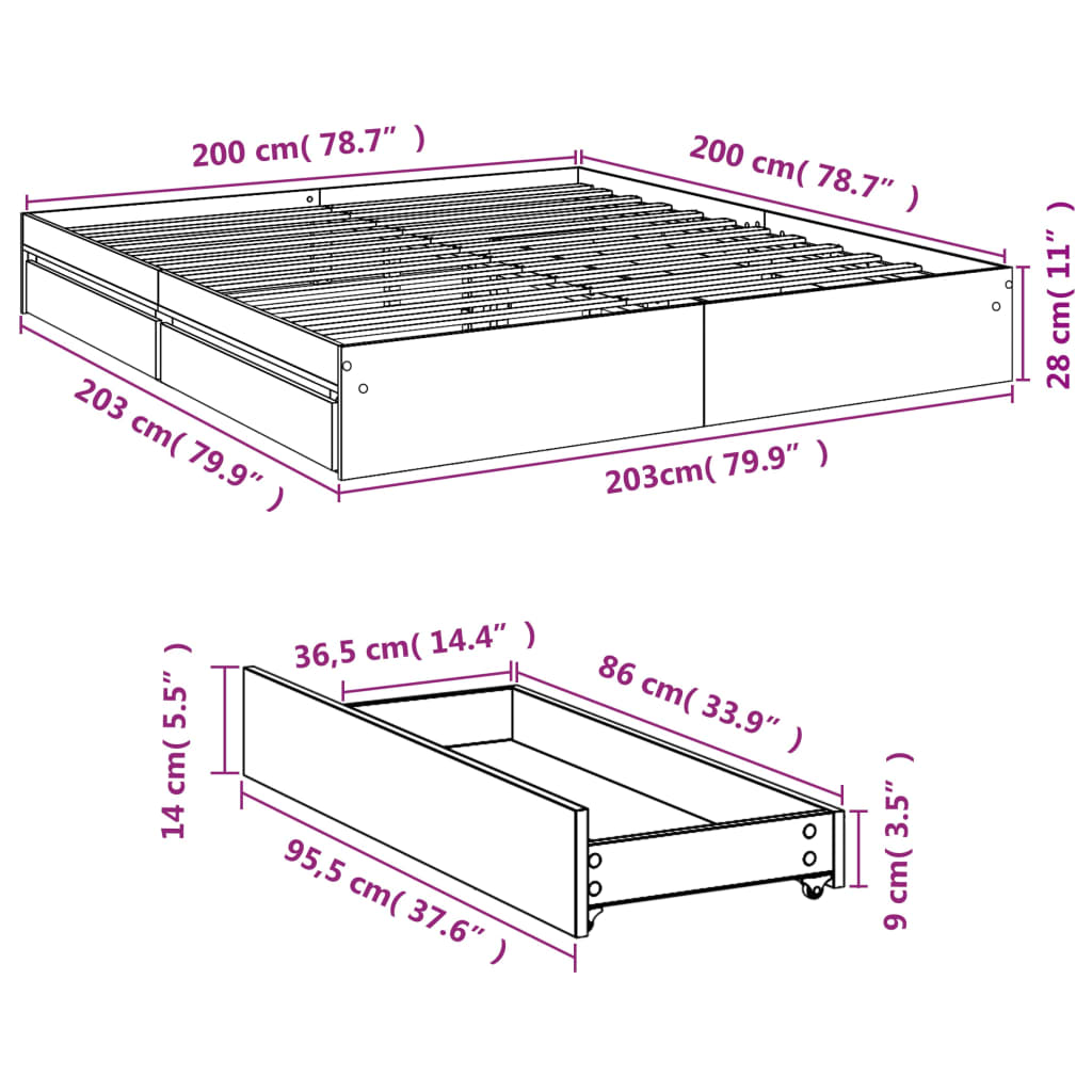 Bettgestell mit Schubladen Braun Eichen-Optik 200x200 cm