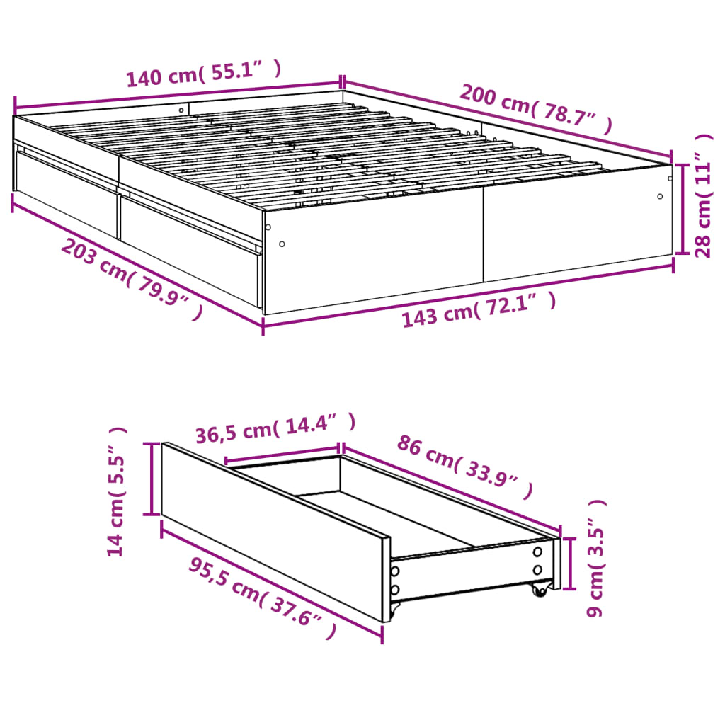 Bettgestell mit Schubladen Betongrau 140x200 cm Holzwerkstoff