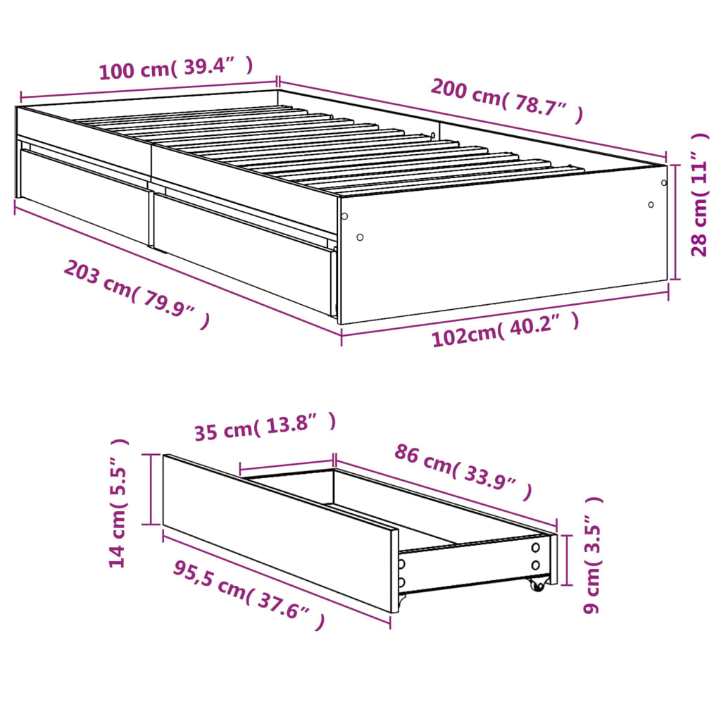 Bettgestell mit Schubladen Grau Sonoma 100x200 cm Holzwerkstoff