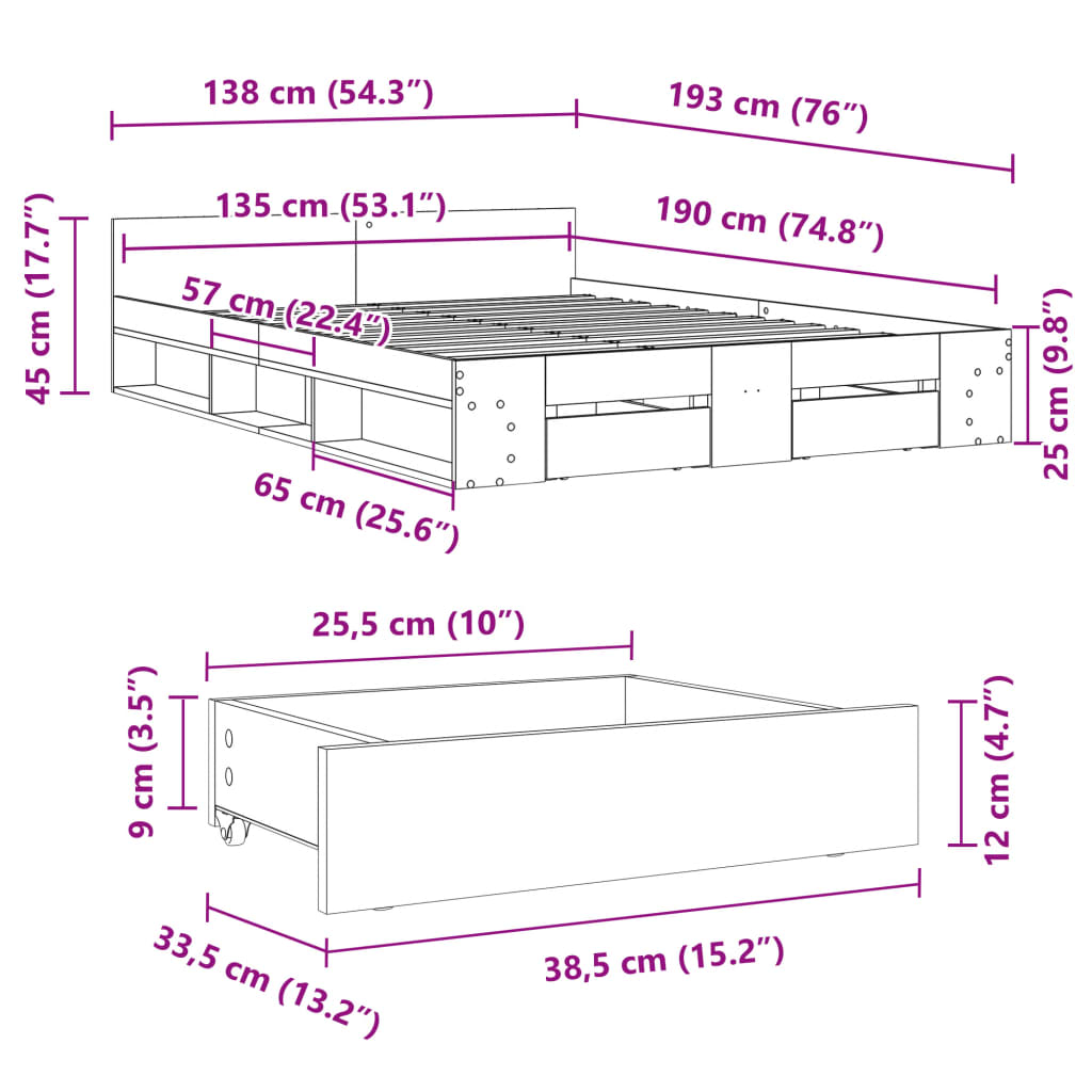 Bettgestell mit Schubladen Sonoma-Eiche 135x190cm Holzwerkstoff