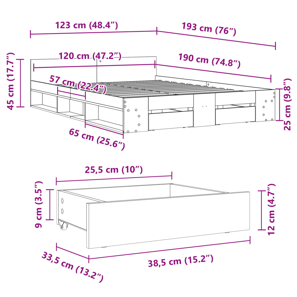 Bettgestell mit Schubladen Sonoma-Eiche 120x190cm Holzwerkstoff