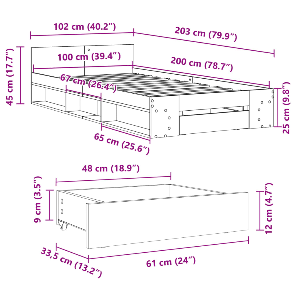 Bettgestell mit Schublade Grau Sonoma 100x200 cm Holzwerkstoff