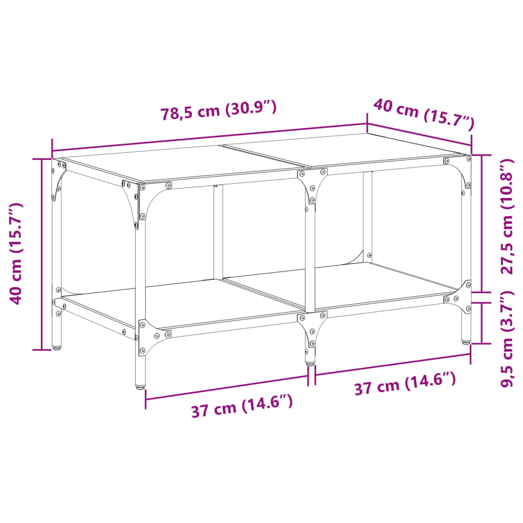 Couchtisch mit Glasplatte Transparent 78,5x40x40 cm Stahl