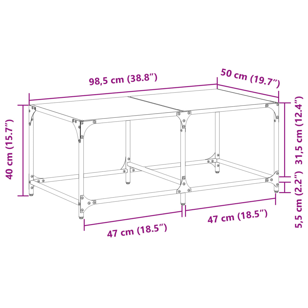 Couchtisch mit Glasplatte Transparent 98,5x50x40 cm Stahl