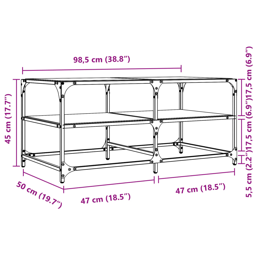 Couchtisch mit Glasplatte Transparent 98,5x50x45 cm Stahl