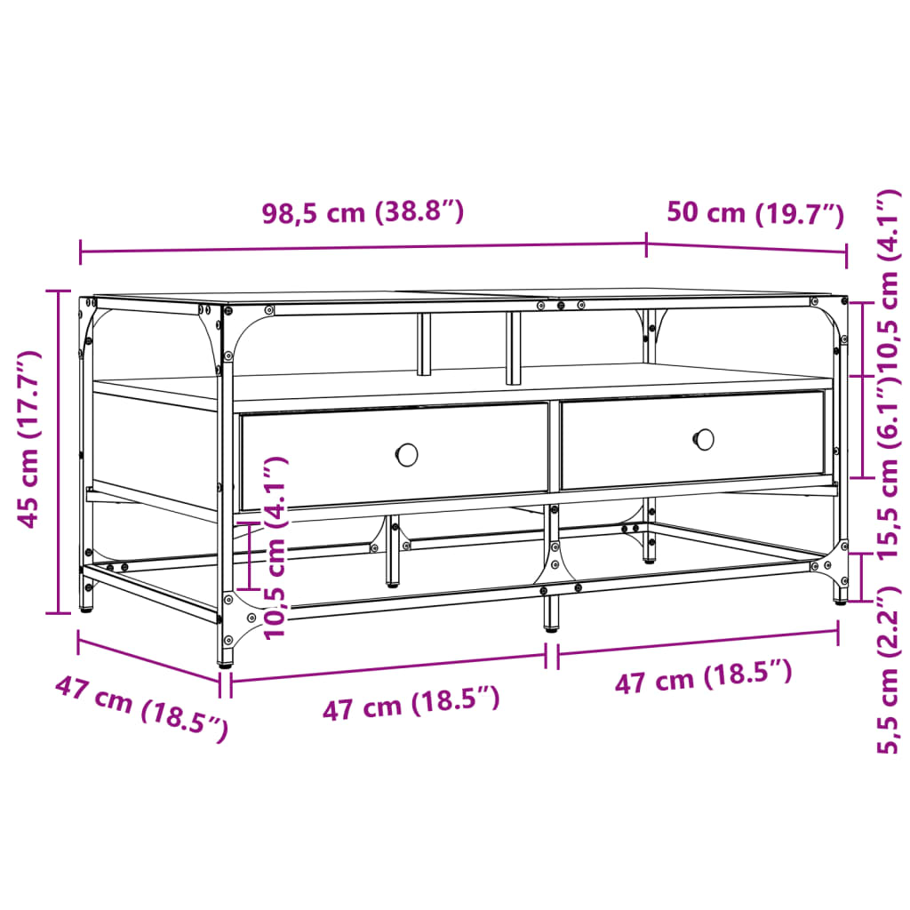 Couchtisch mit Glasplatte Sonoma-Eiche 98,5x50x45 cm Stahl