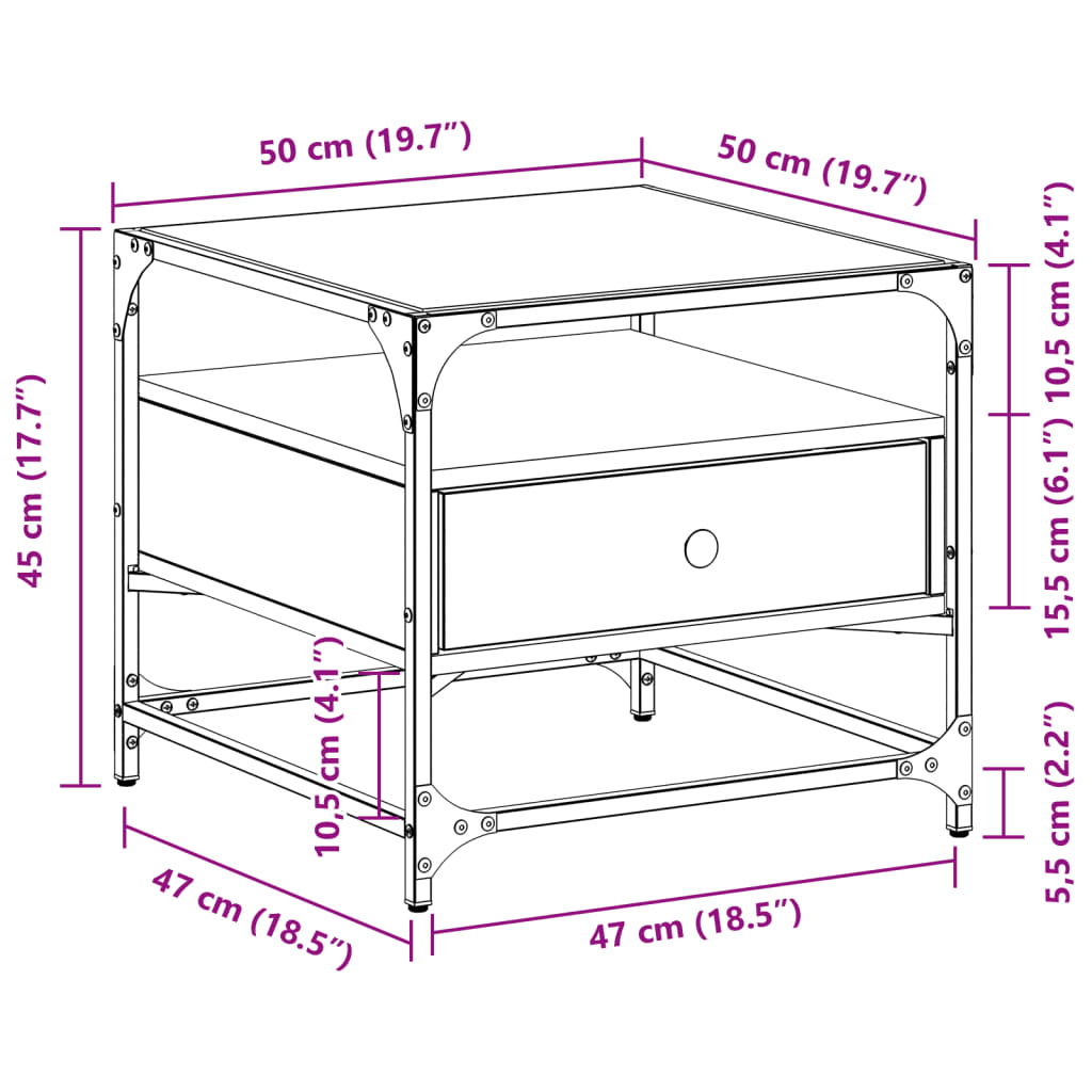 Couchtisch mit Glasplatte Sonoma-Eiche 50x50x45 cm Stahl