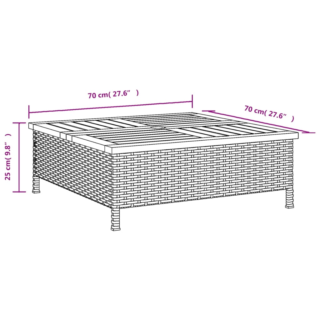 Gartentisch Schwarz 70x70x25 cm Rattan und Akazienholz