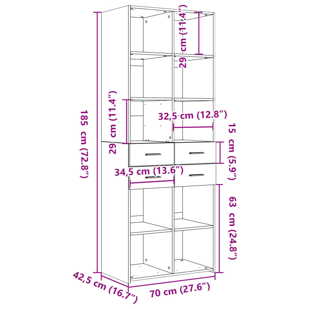 Highboard Schwarz 70x42,5x185 cm Holzwerkstoff