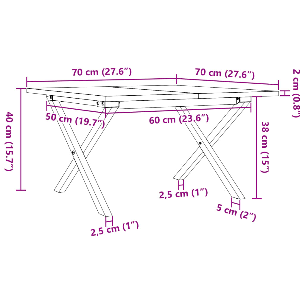 Couchtisch X-Gestell 70x70x40cm Massivholz Kiefer und Gusseisen