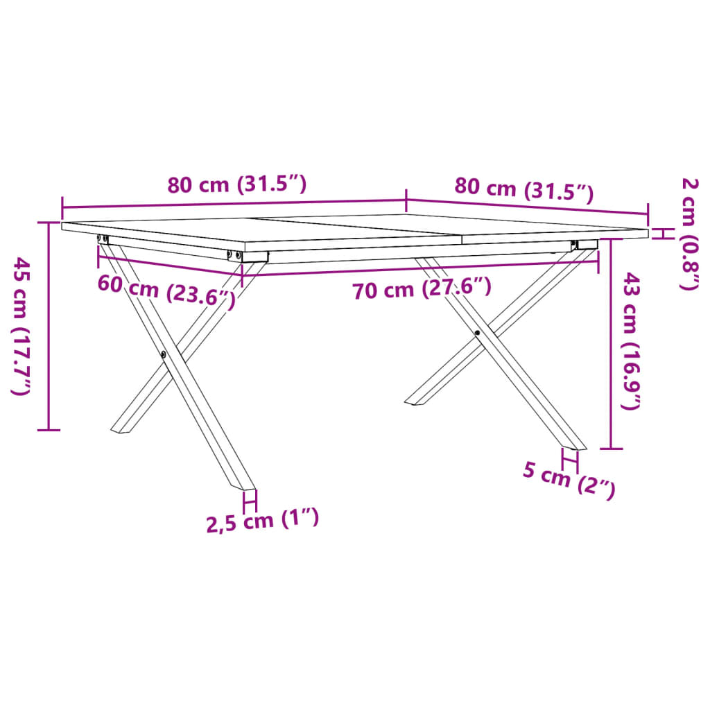 Couchtisch X-Gestell 80x80x45cm Massivholz Kiefer und Gusseisen