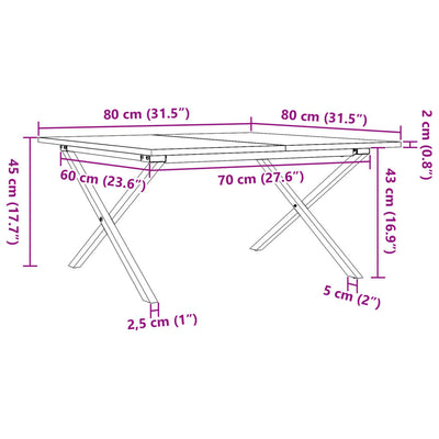 Couchtisch X-Gestell 80x80x45cm Massivholz Kiefer und Gusseisen