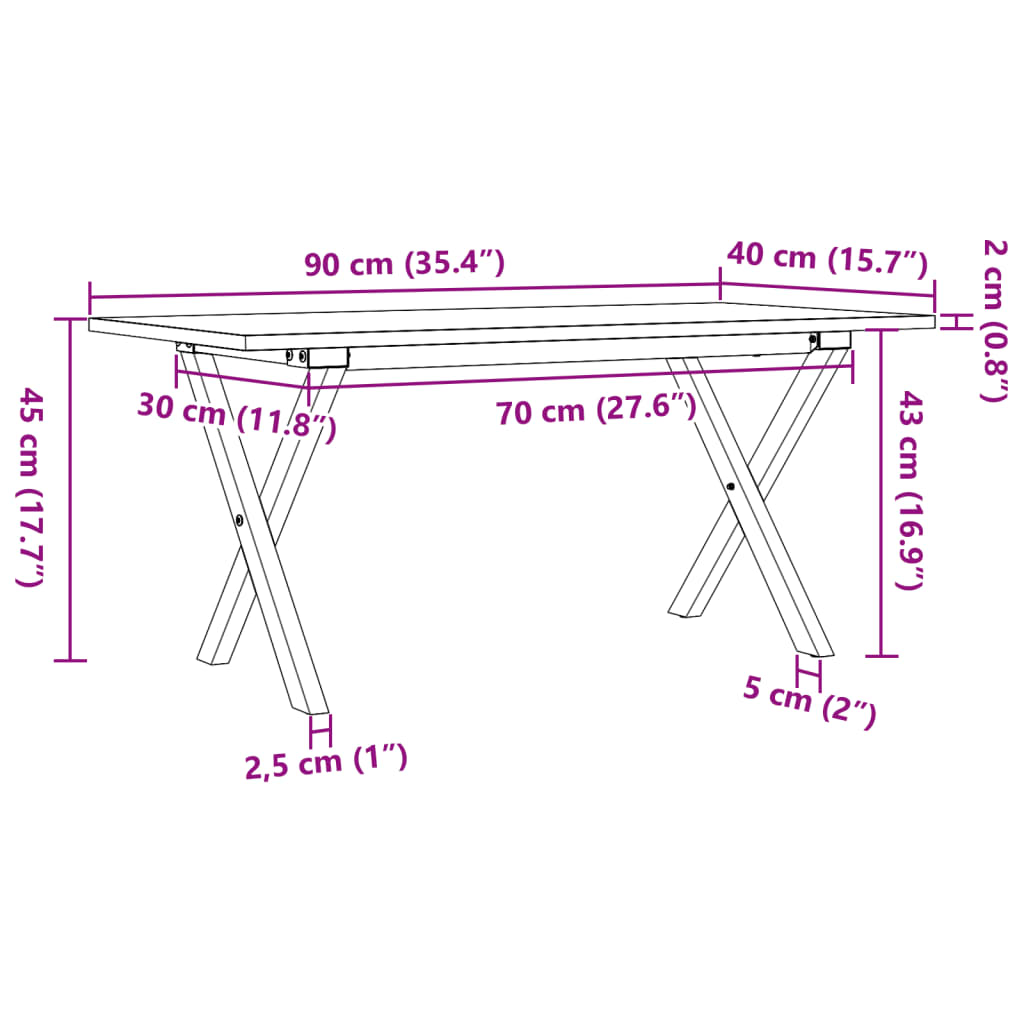 Couchtisch X-Gestell 90x40x45cm Massivholz Kiefer und Gusseisen