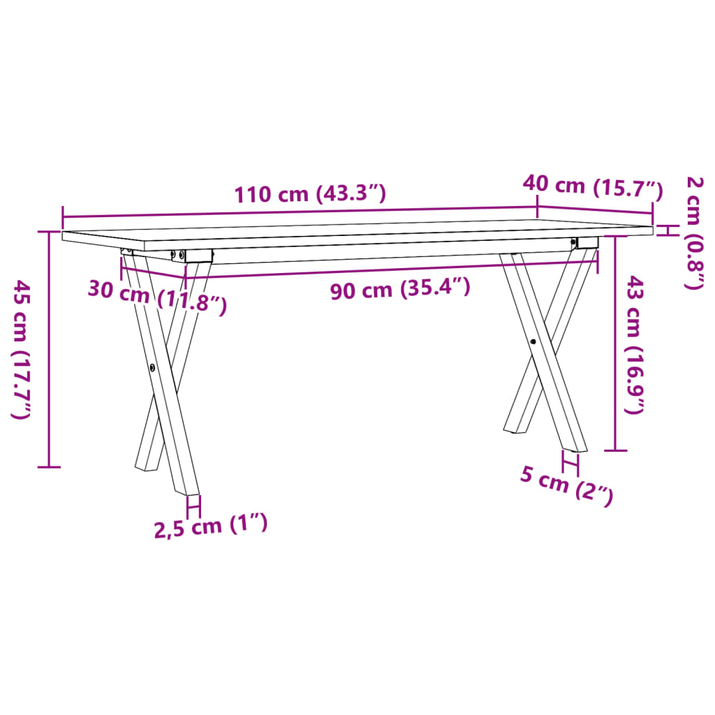 Couchtisch X-Gestell 110x40x45 cm Massivholz Kiefer & Gusseisen