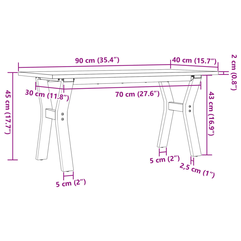 Couchtisch Y-Gestell 90x40x45cm Massivholz Kiefer und Gusseisen