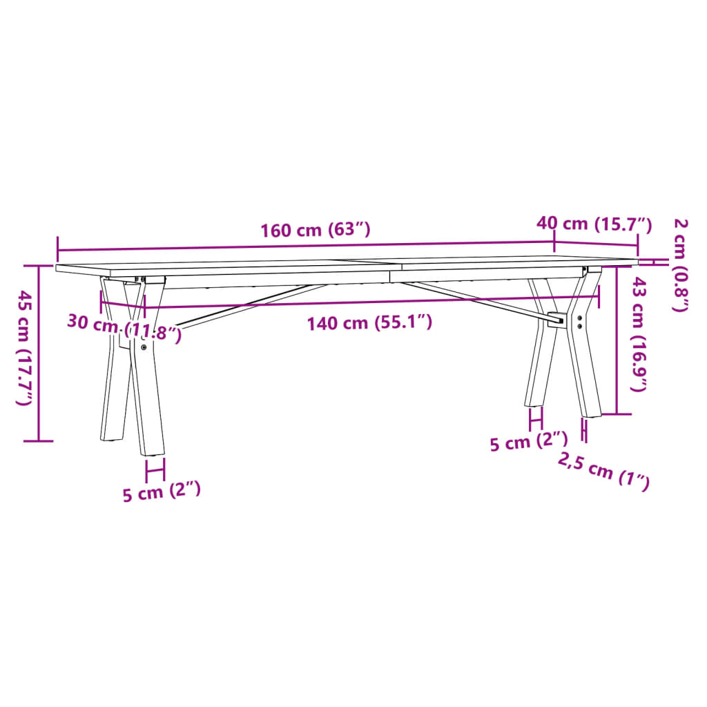 Couchtisch Y-Gestell 160x40x45 cm Massivholz Kiefer & Gusseisen