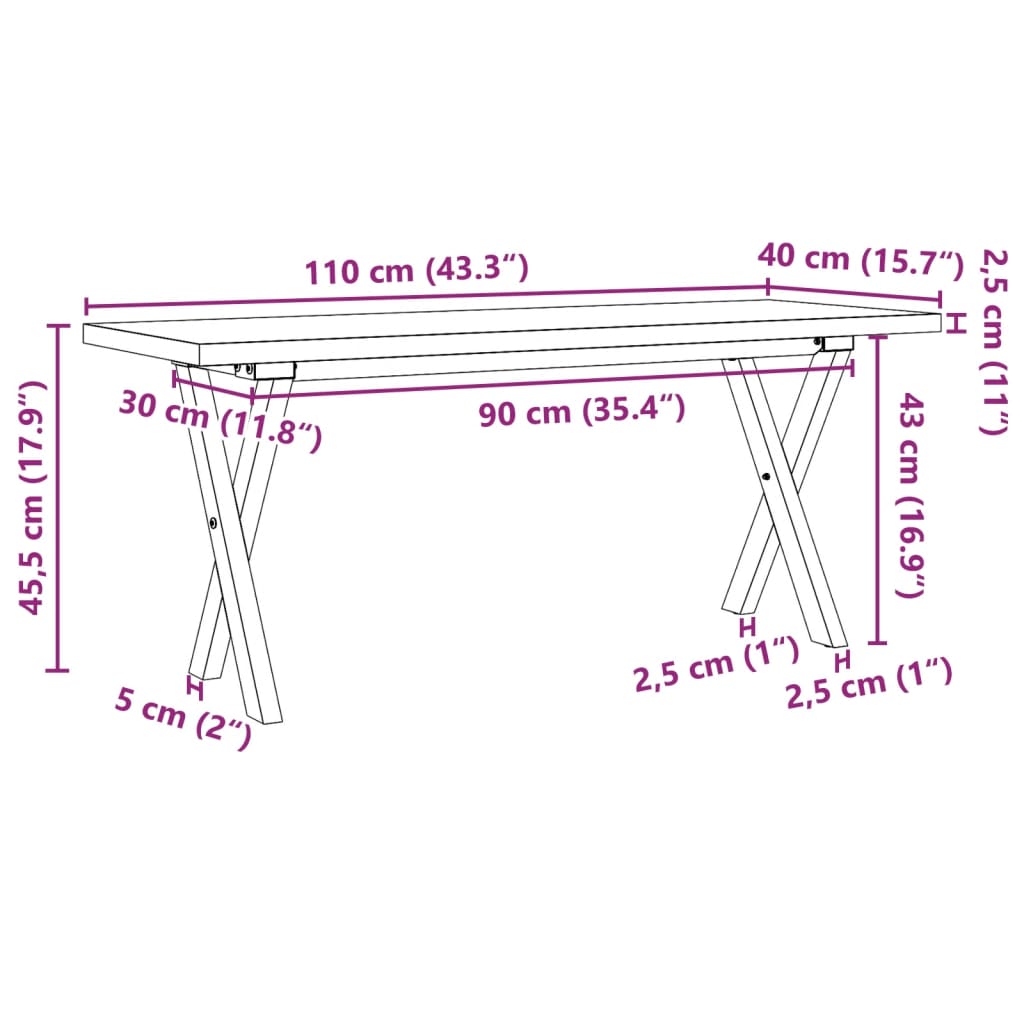 Couchtisch X-Gestell 110x40x45,5 cm Massivholz Kiefer Gusseisen