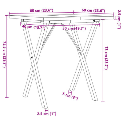 Esstisch X-Gestell 60x60x75,5cm Massivholz Kiefer und Gusseisen