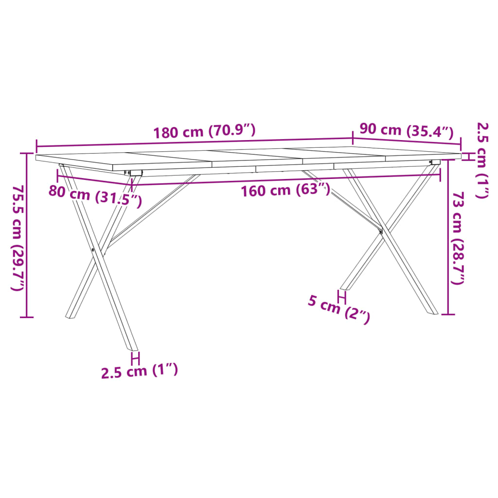 Esstisch X-Gestell 180x90x75,5 cm Massivholz Kiefer & Gusseisen