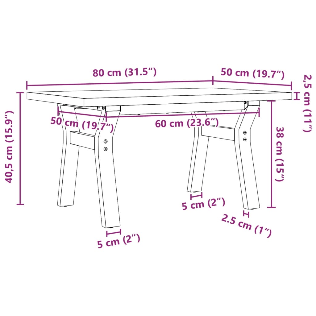 Couchtisch Y-Gestell 80x50x40,5cm Massivholz Kiefer & Gusseisen