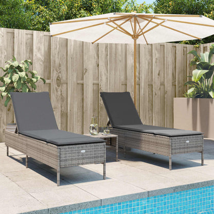 3-tlg. Sonnenliegen-Set mit Auflage Grau Poly Rattan