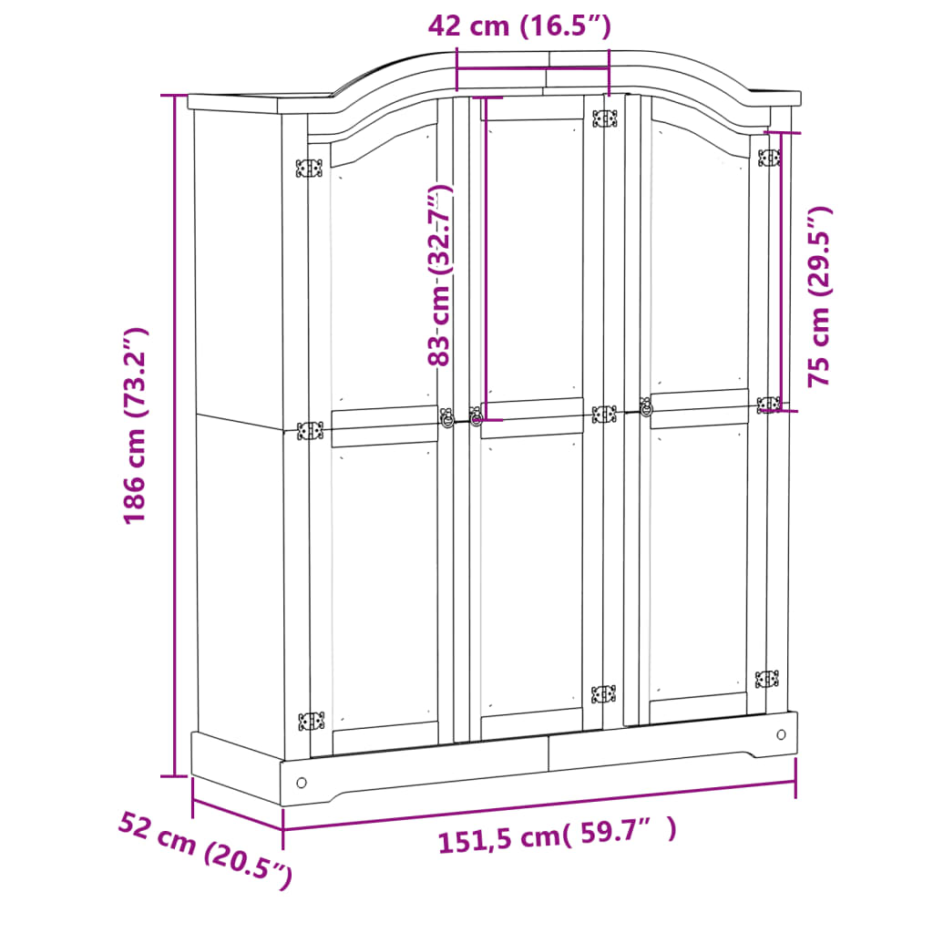 Kleiderschrank Corona Weiß 151,5x52x186 cm Massivholz Kiefer