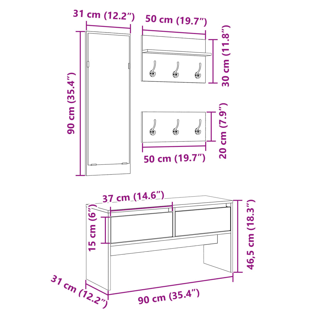 4-tlg. Garderoben-Set Räuchereiche Holzwerkstoff