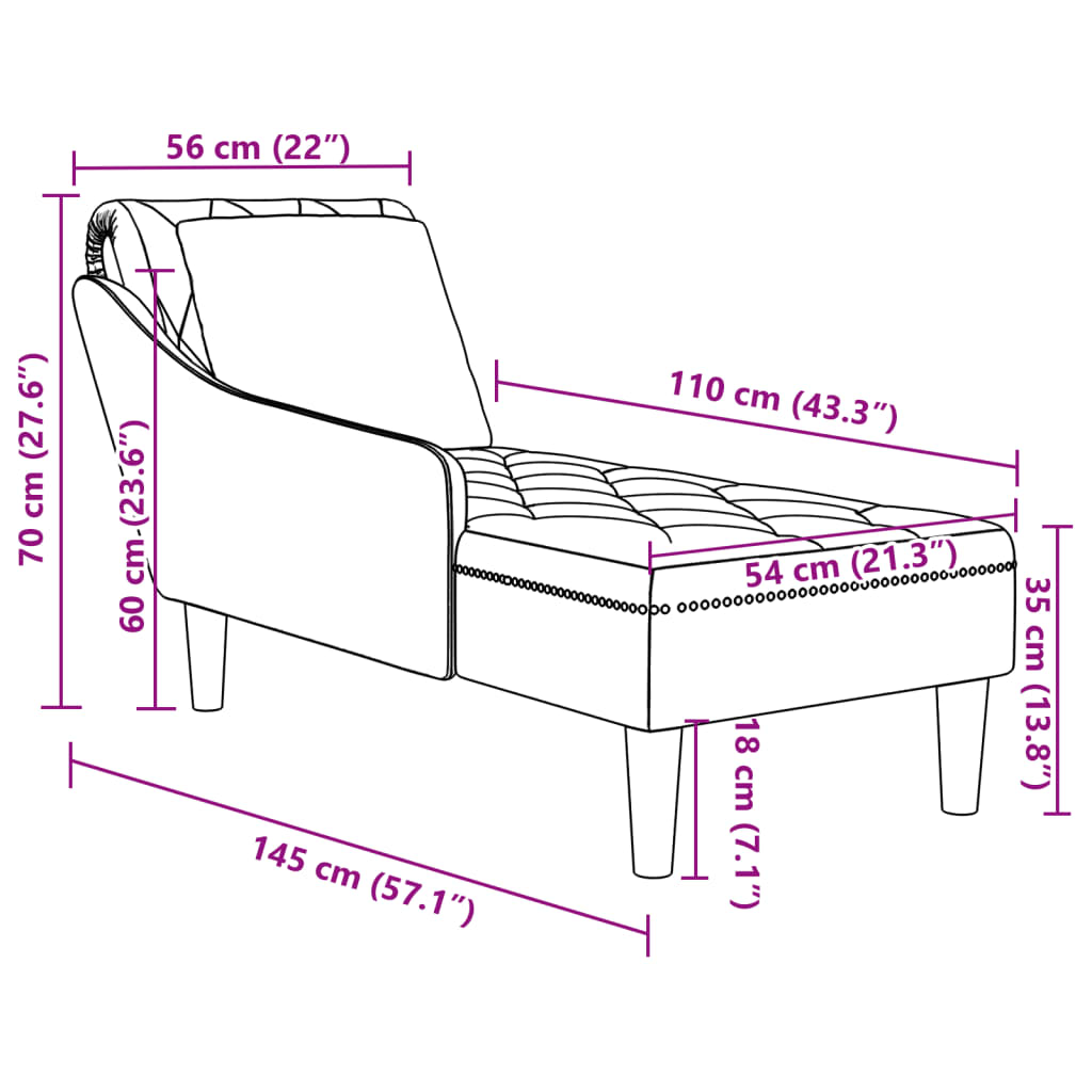 Chaiselongue mit Kissen und Rechter Armlehne Blau Samt