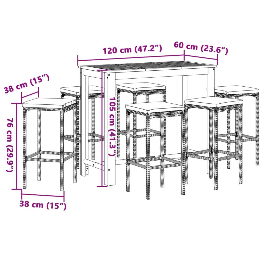 7-tlg. Gartenbar-Set Braun Massivholz Akazie und Poly Rattan