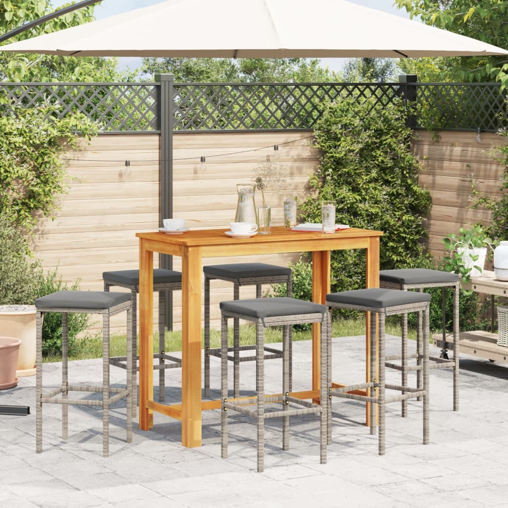 7-tlg. Gartenbar-Set Grau Massivholz Akazie und Poly Rattan