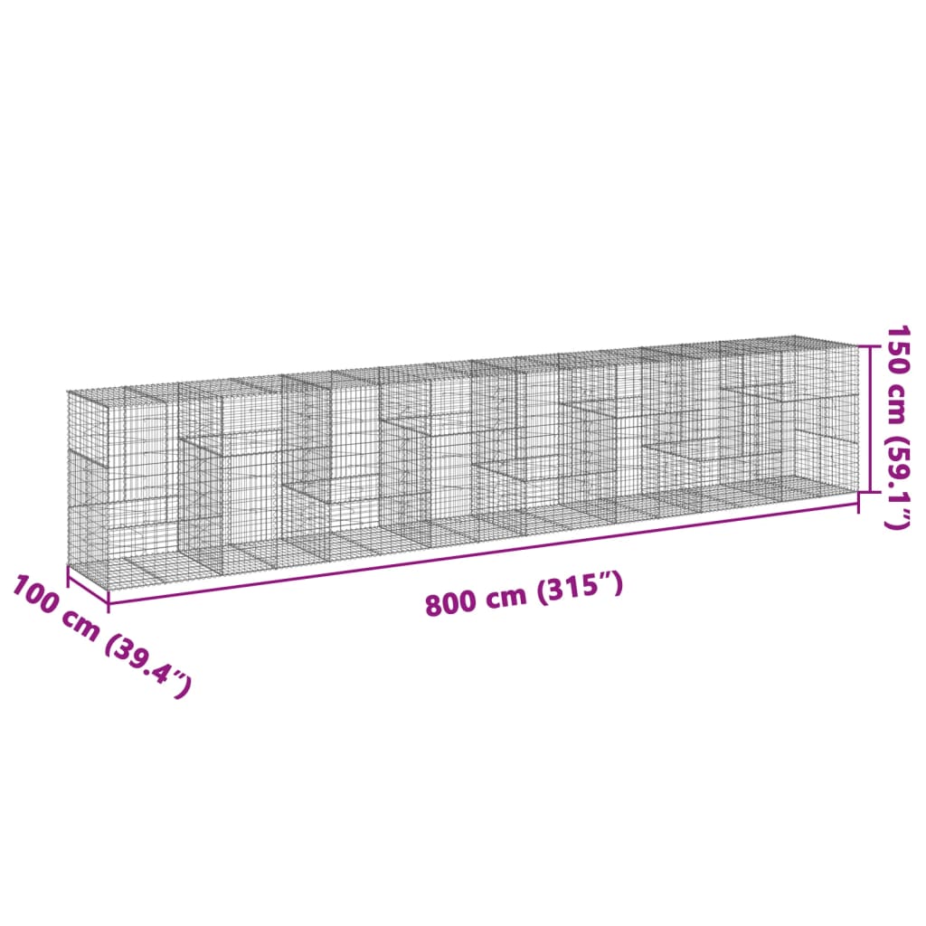 Gabione mit Deckel 800x100x150 cm Verzinktes Eisen