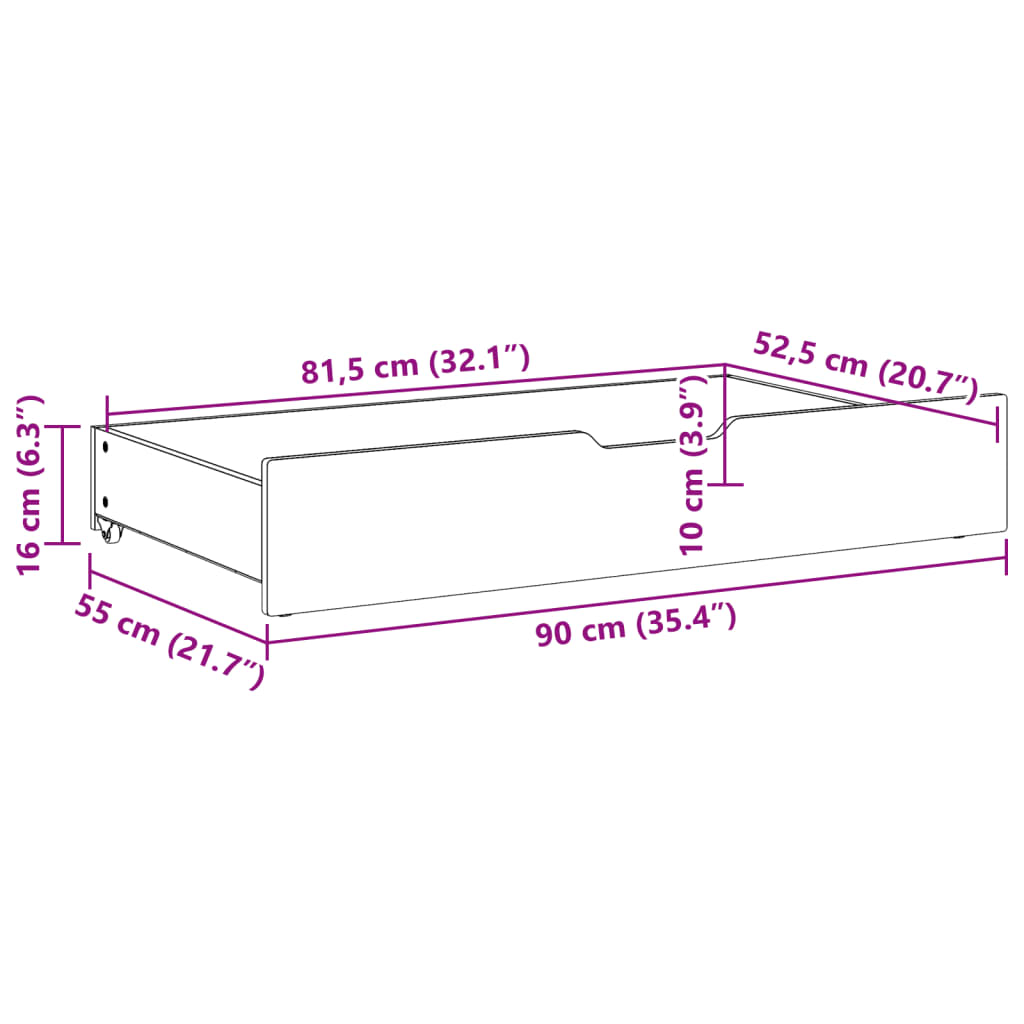 Bettschubladen mit Rollen 2 Stk. 90x55x16 cm Massivholz Kiefer