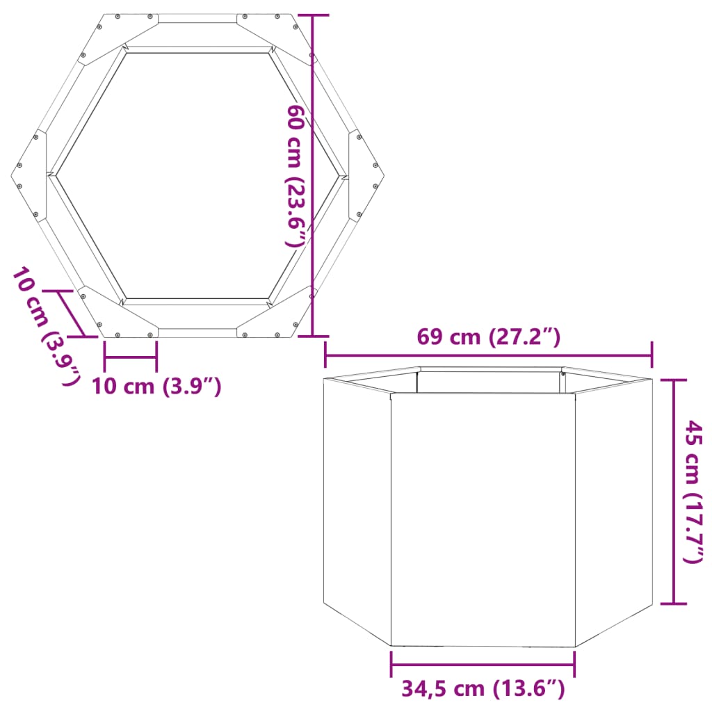 Pflanzkübel Schwarz Sechseckig 69x60x45 Stahl